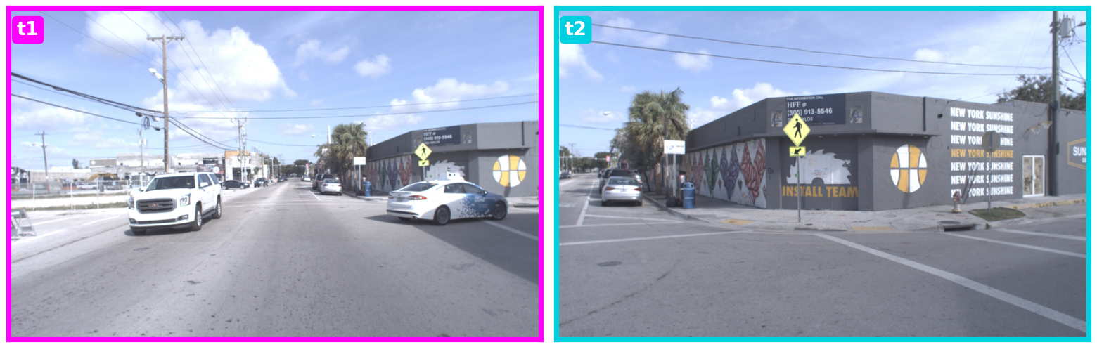Front-center camera frames at t1 and t2